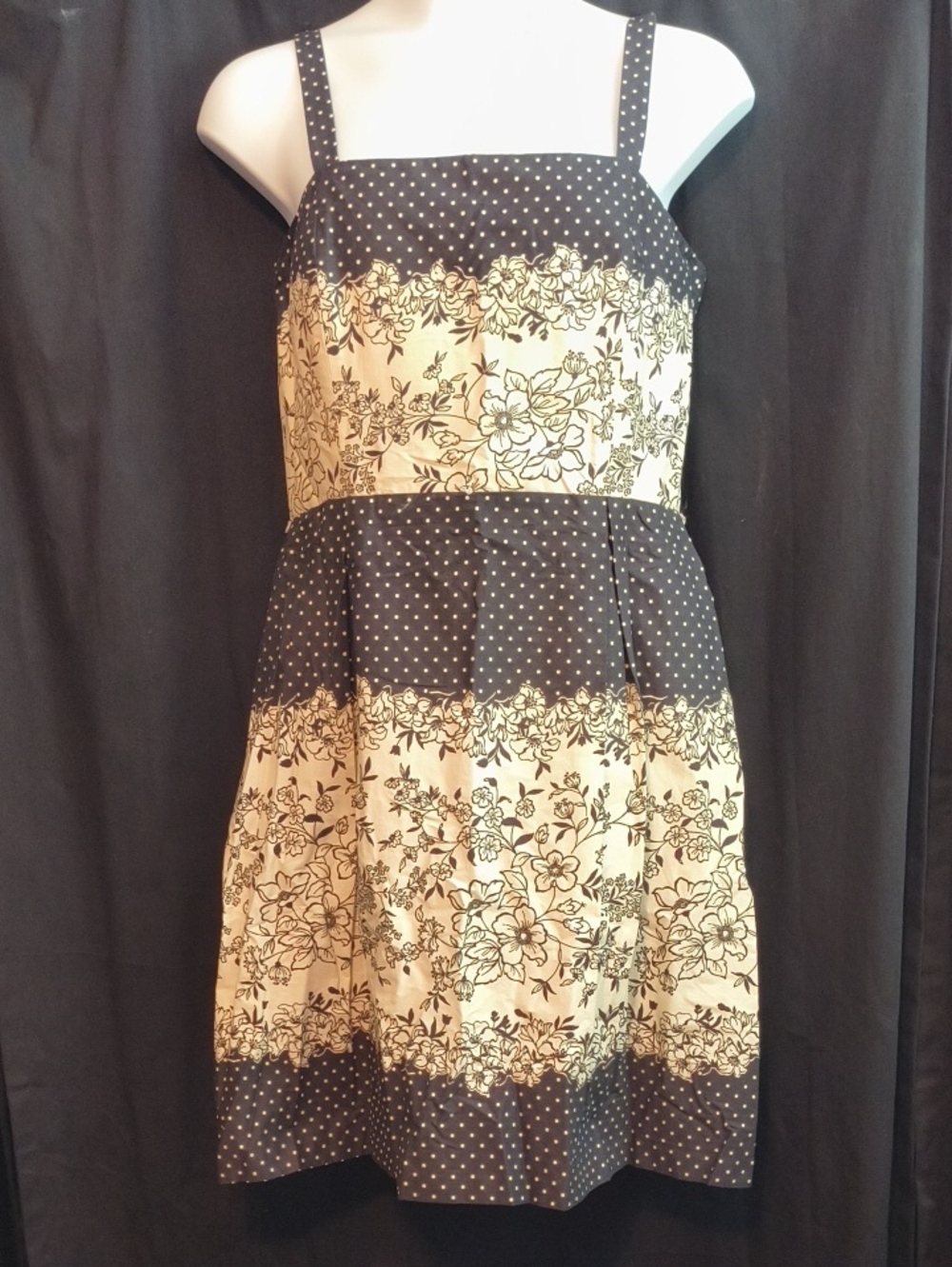R&K Black and Cream Floral Polka Dot Midi Dress #0106